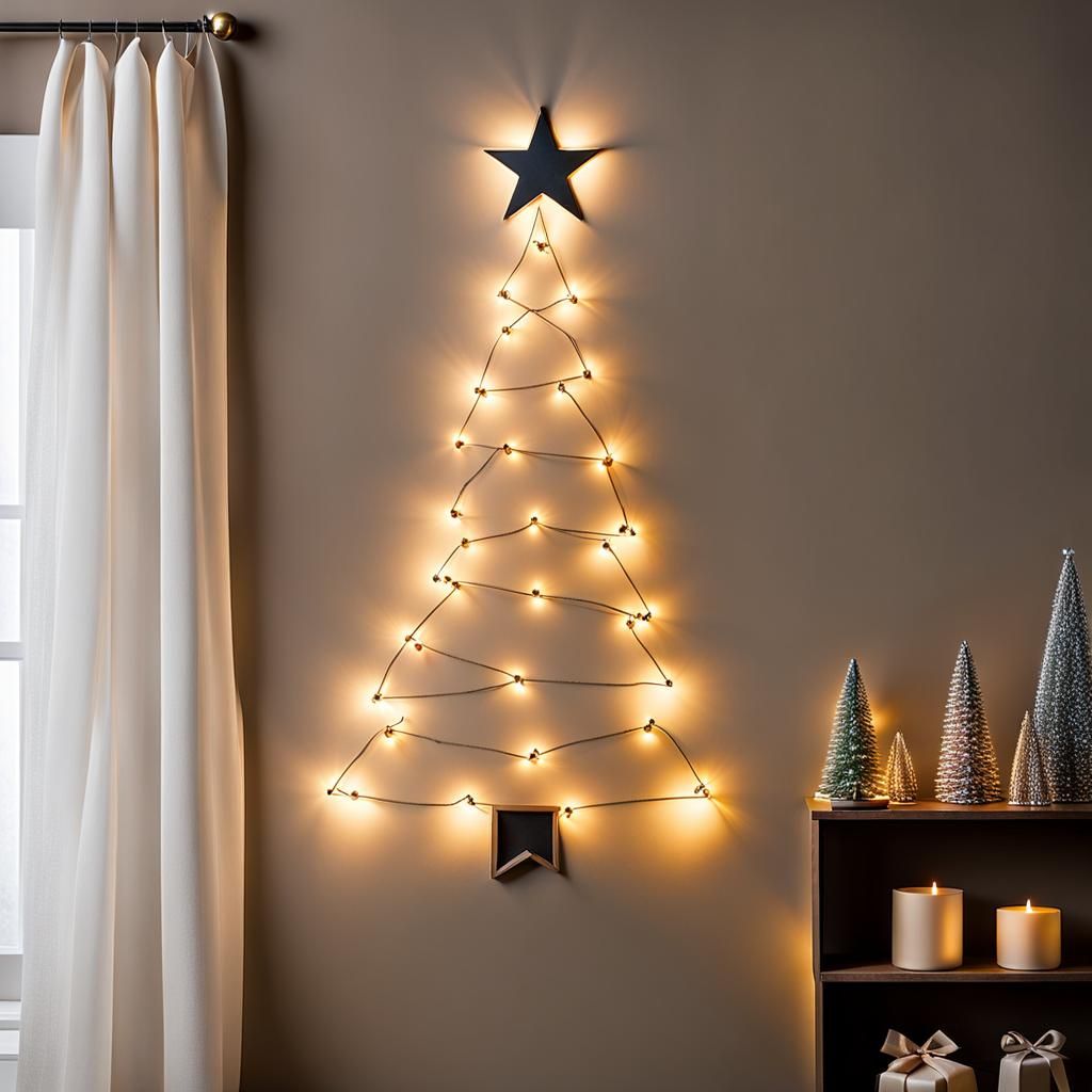 Christmas Lights and Garland Tree on Wall