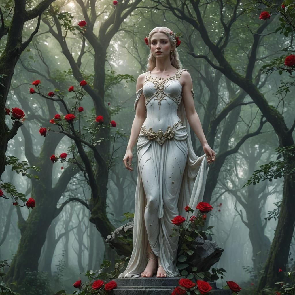 Enchanted Forest Scene with Greek Statue