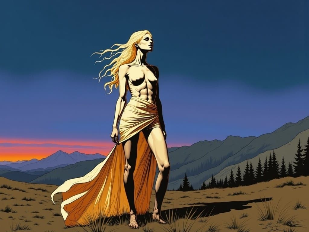 Woman in an Alpine Sunset, in a Graphic Novel Aesthetic