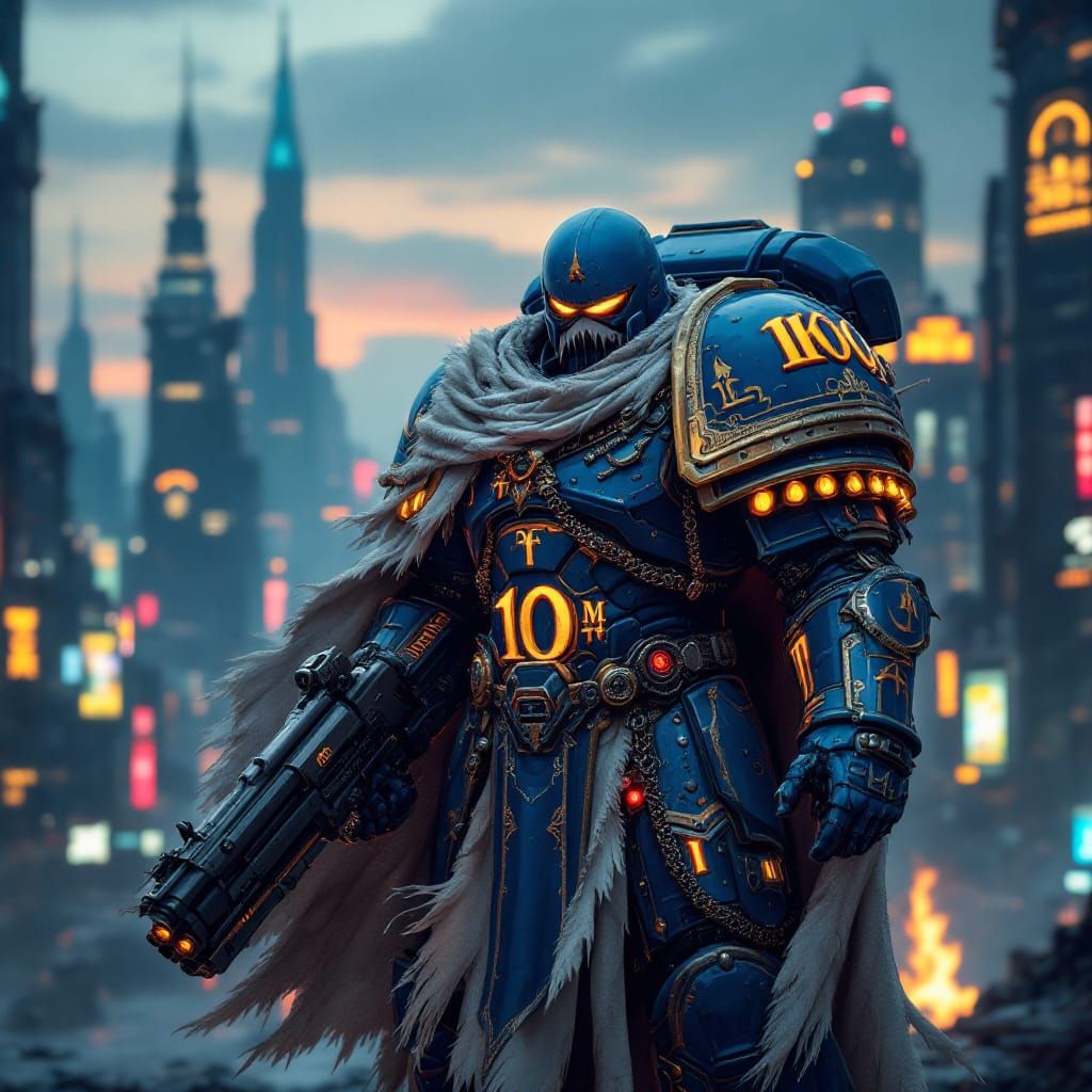 Imposing Space Marine in Futuristic Cityscape