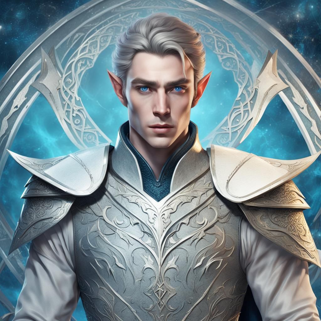 Elven Warrior in White Suit, Sharp Blue Eyes