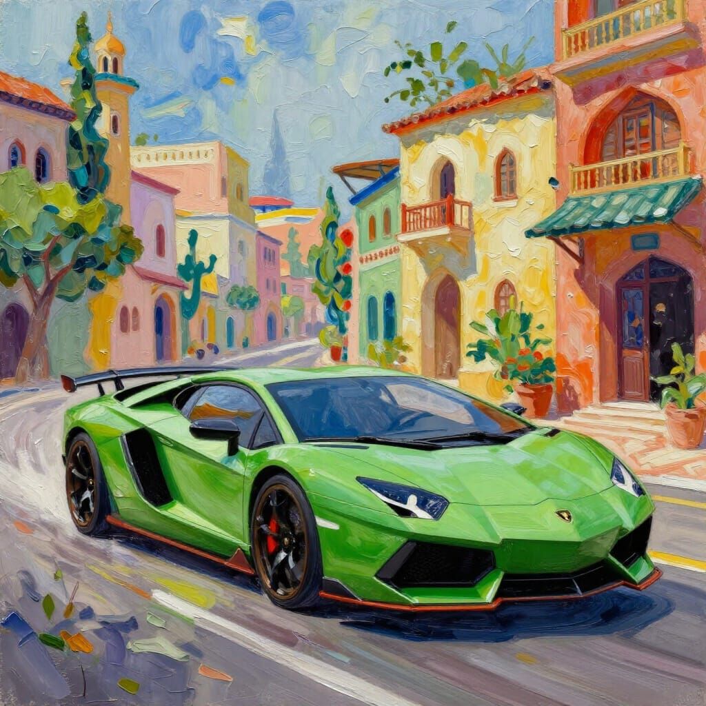 Vibrant Green Lamborghini in Maximalist Oriental Cityscape