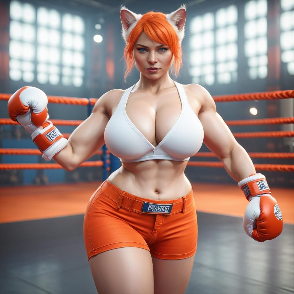 White Tabby Cat Goddess Boxer in Detailed Ring