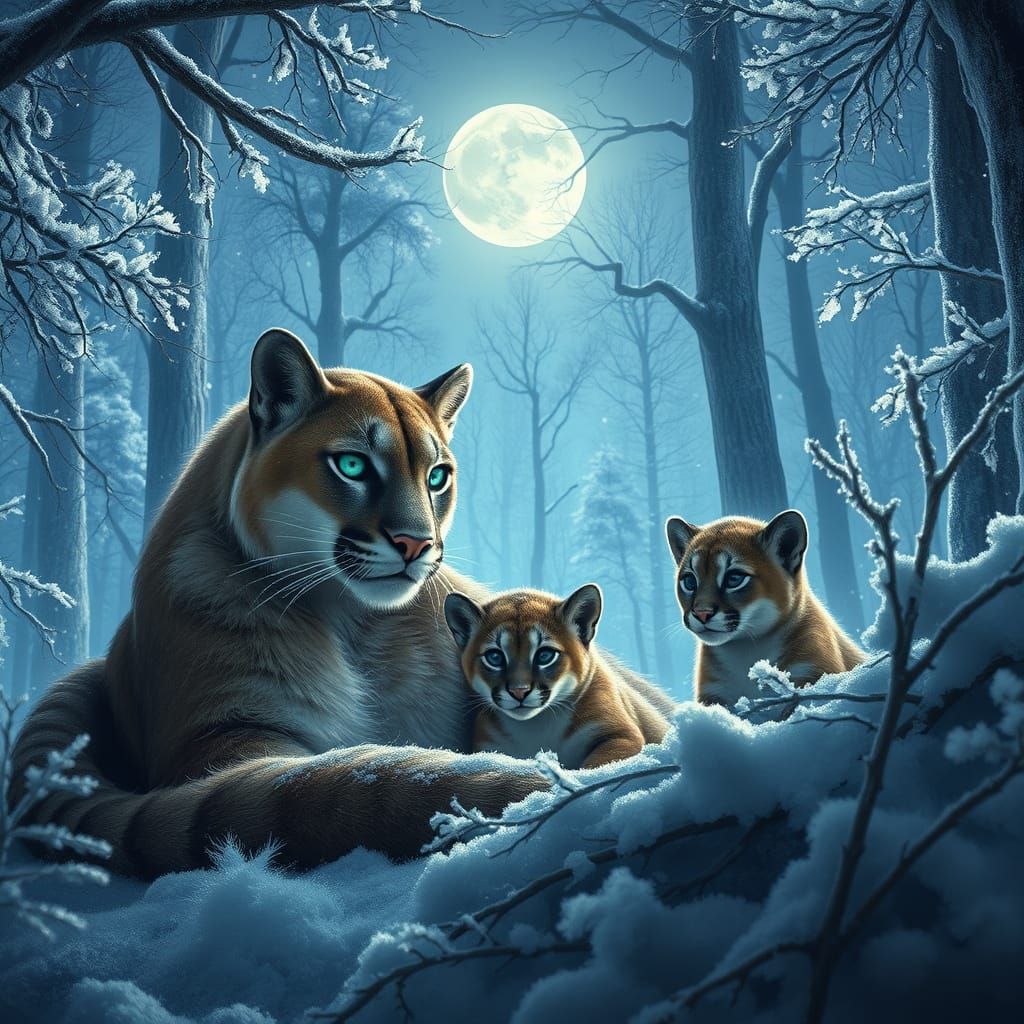 Mother Puma Tenderly Guards Her Cubs in a Frosty Winter Wond...