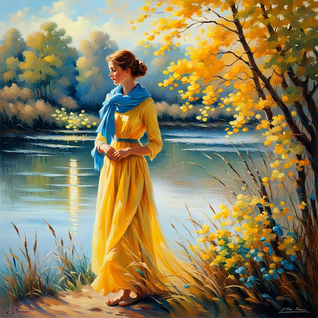 Impressionist Woman in Yellow Dress by River