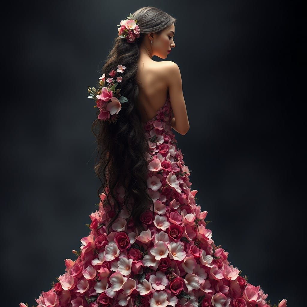 Elegant Woman in Exquisite Floral Gown