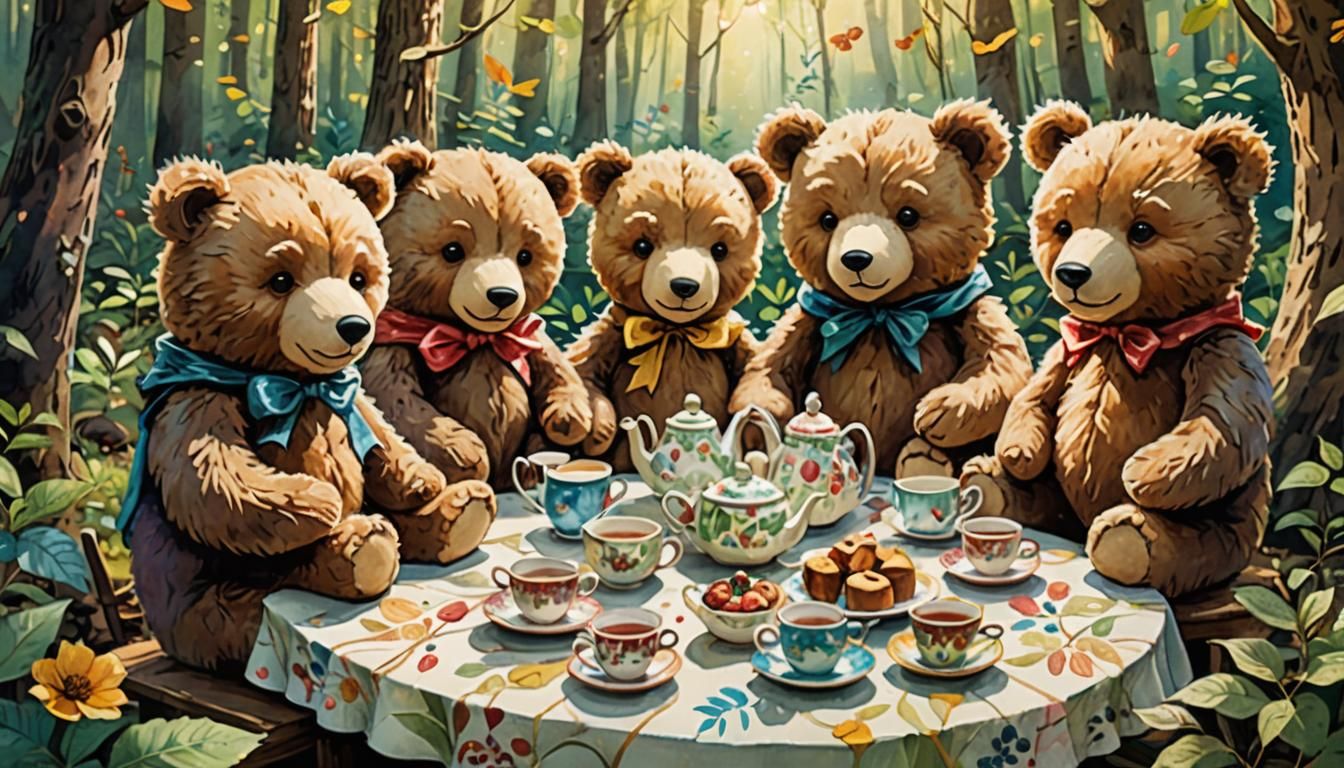 Teddy Bears' Tea Party in Magical Forest: Whimsical Art