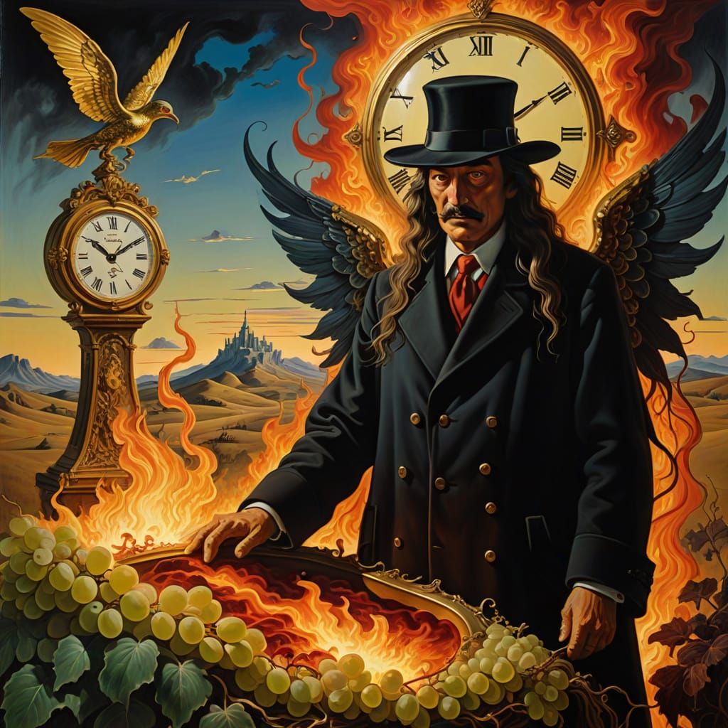 Surreal Baroque Dreamscape with Burning Clock and Angelic Be...