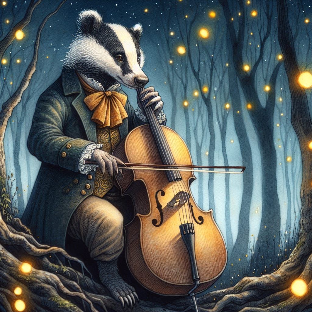 Anthropomorphic Badger Cello Player in Watercolor Fantasy