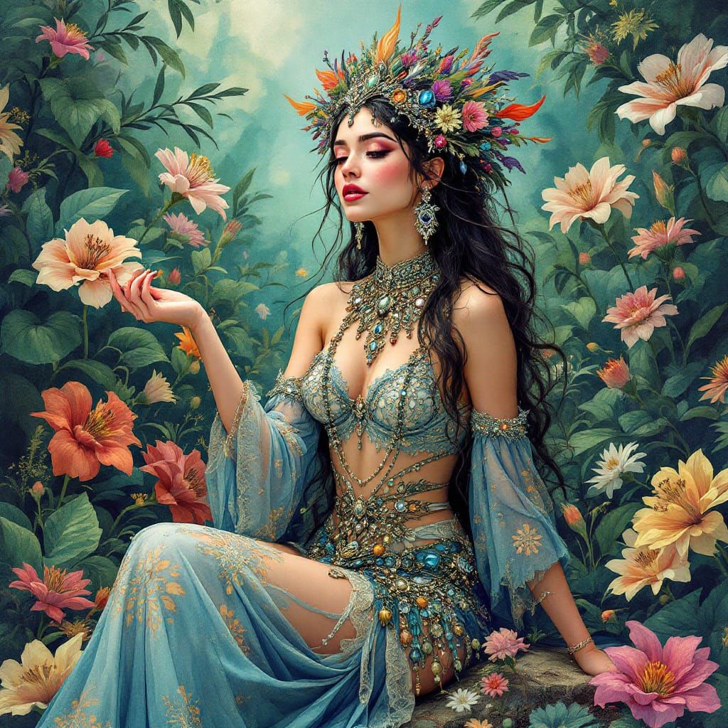 Ethereal Woman in Dreamscape, Watercolor Illustration