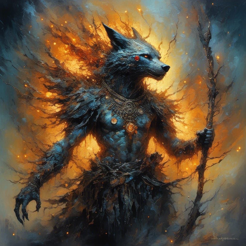 Navajo Skinwalker in Mixed-Media Collage Style