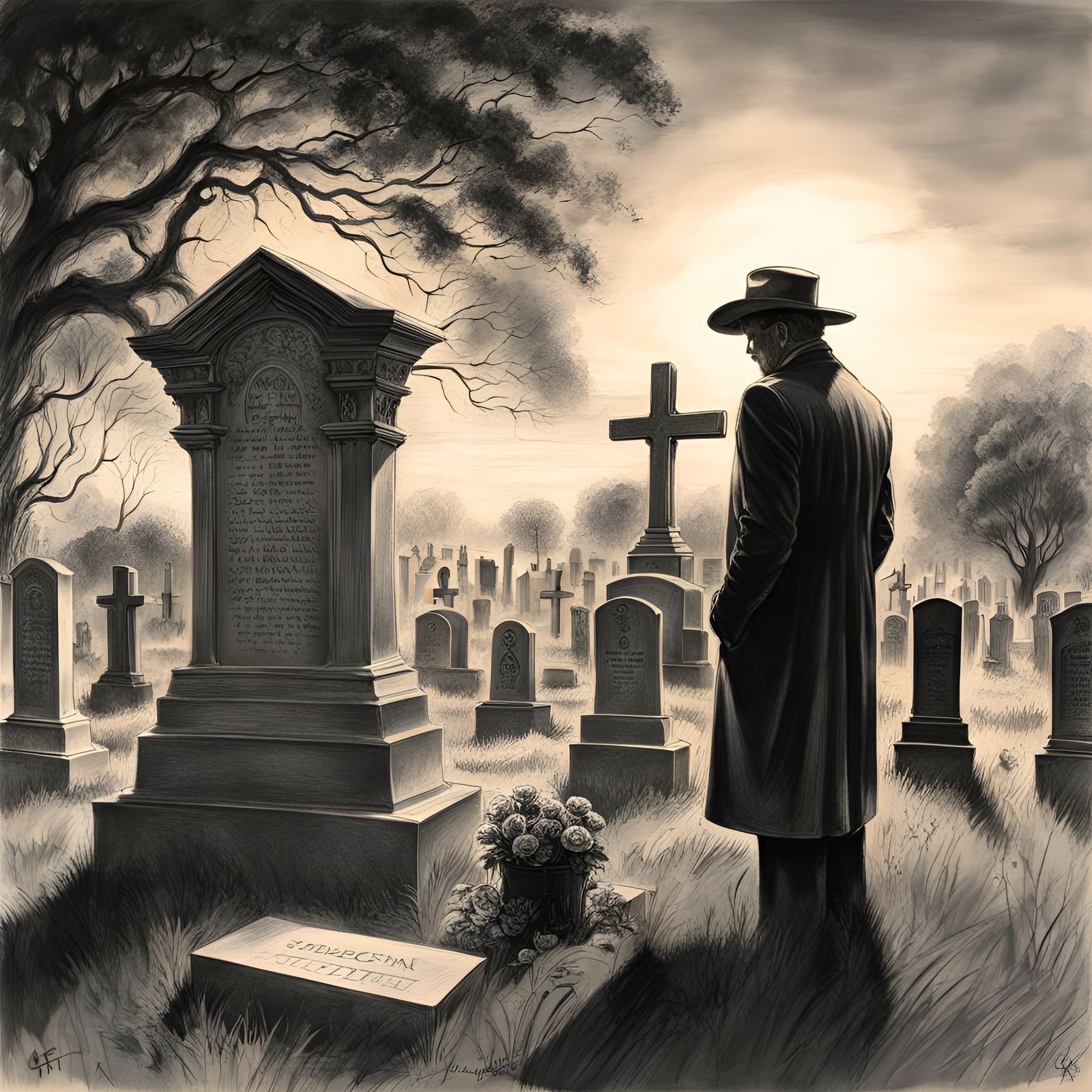 Lonely Man at Wife's Grave: Charcoal Drawing
