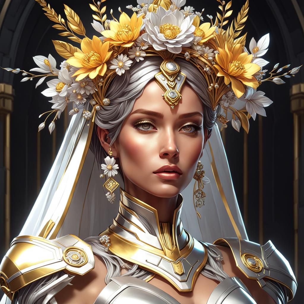 A beautiful metallic cyborg bride wearing a delicate gold and silver flower tiara and holding a metal bridal bouquet of ...