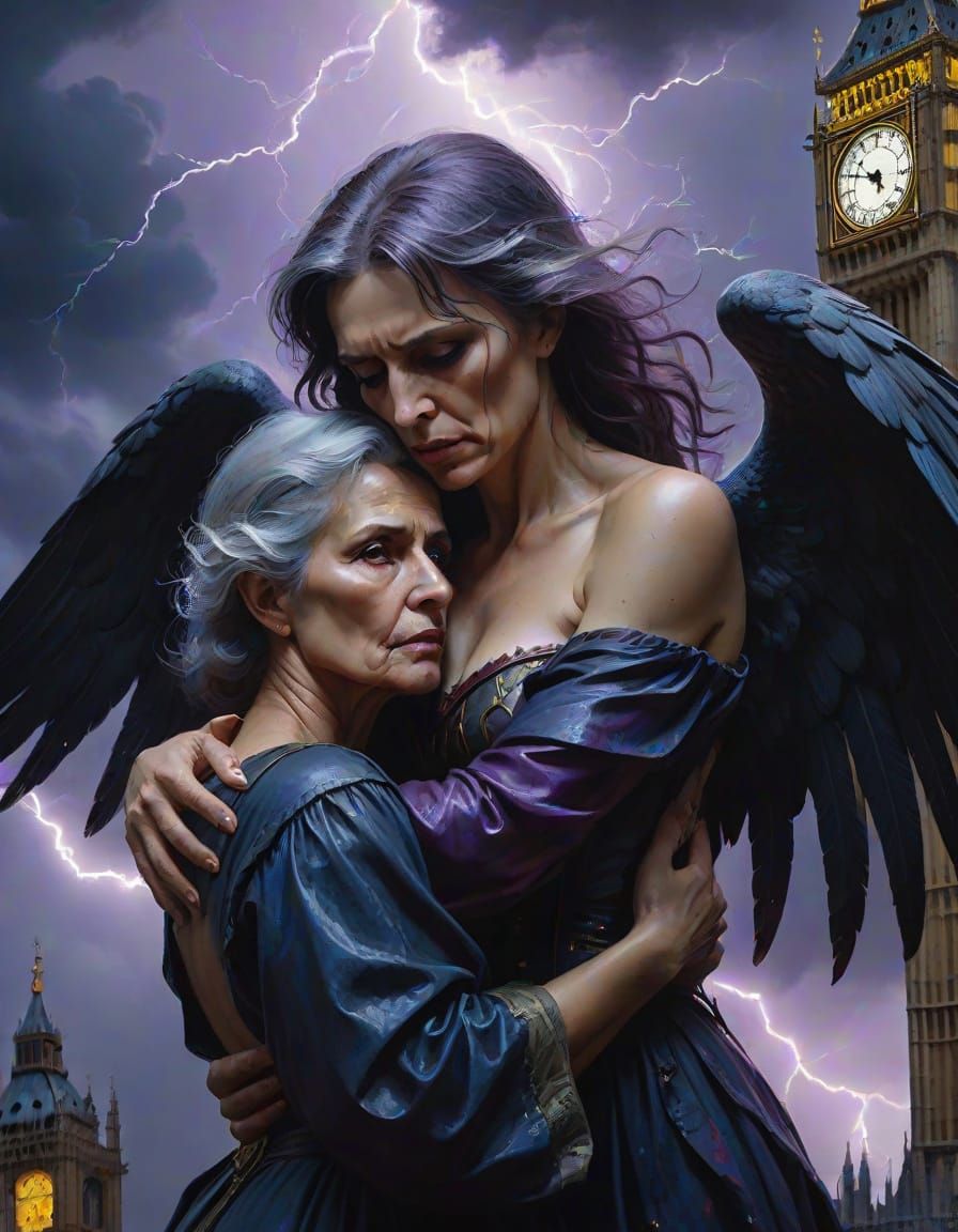 Dark Angel's Somber Embrace in a Stormy Night