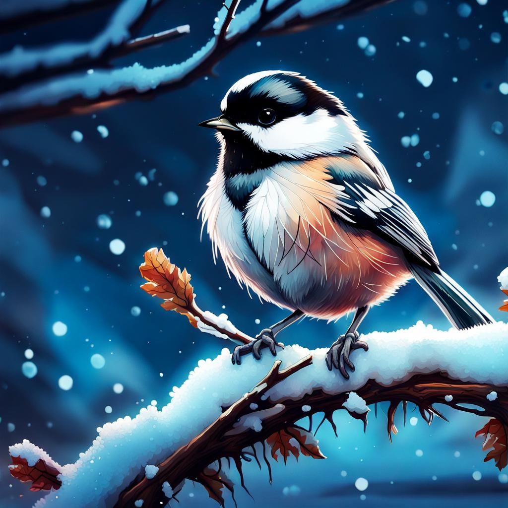 Chibified Chickadee on Snowy Branch, Fantasy Illustration