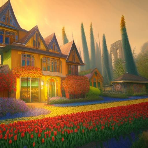 Colorful Sunset Over a Detailed Tulip House