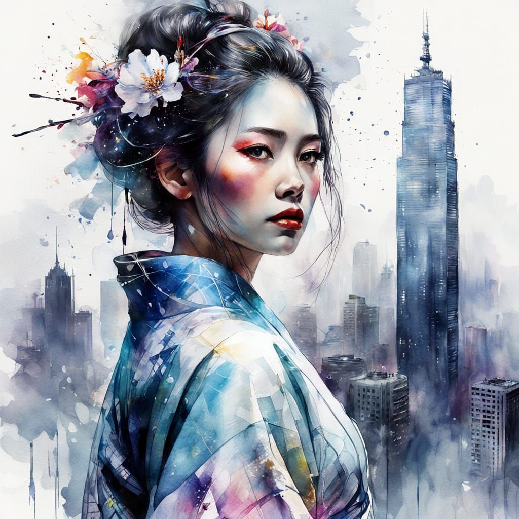 Geisha with Holographic Kimono in Watercolor Style