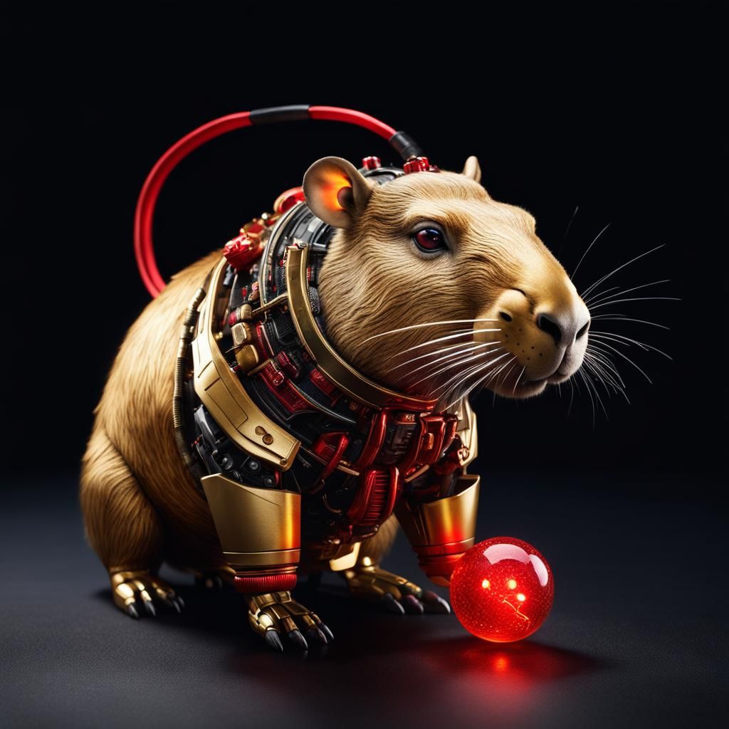 Golden Cyborg Capybara with Red Eyes