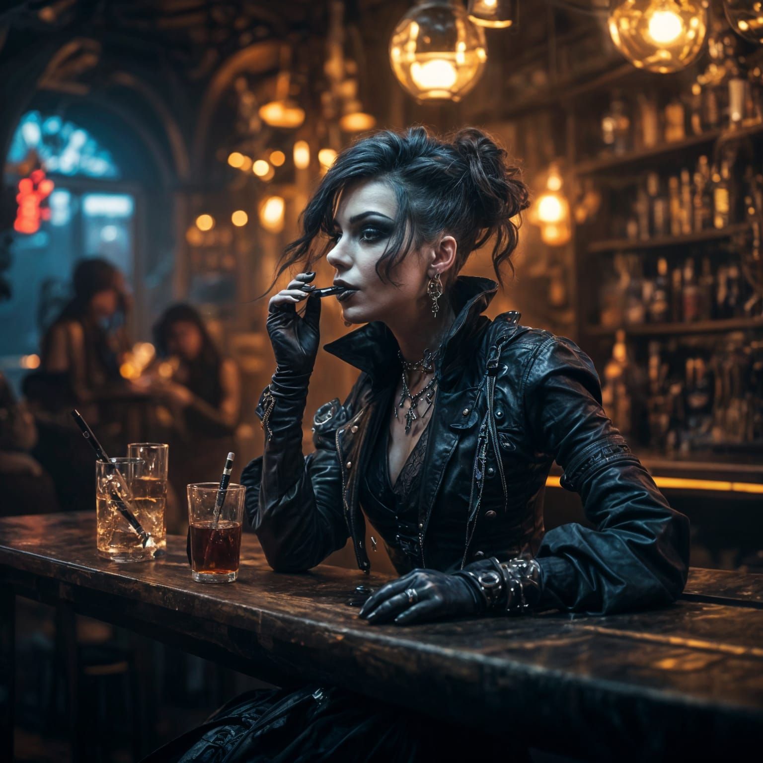 Gothic Woman Vaping in Cyberpunk Bar