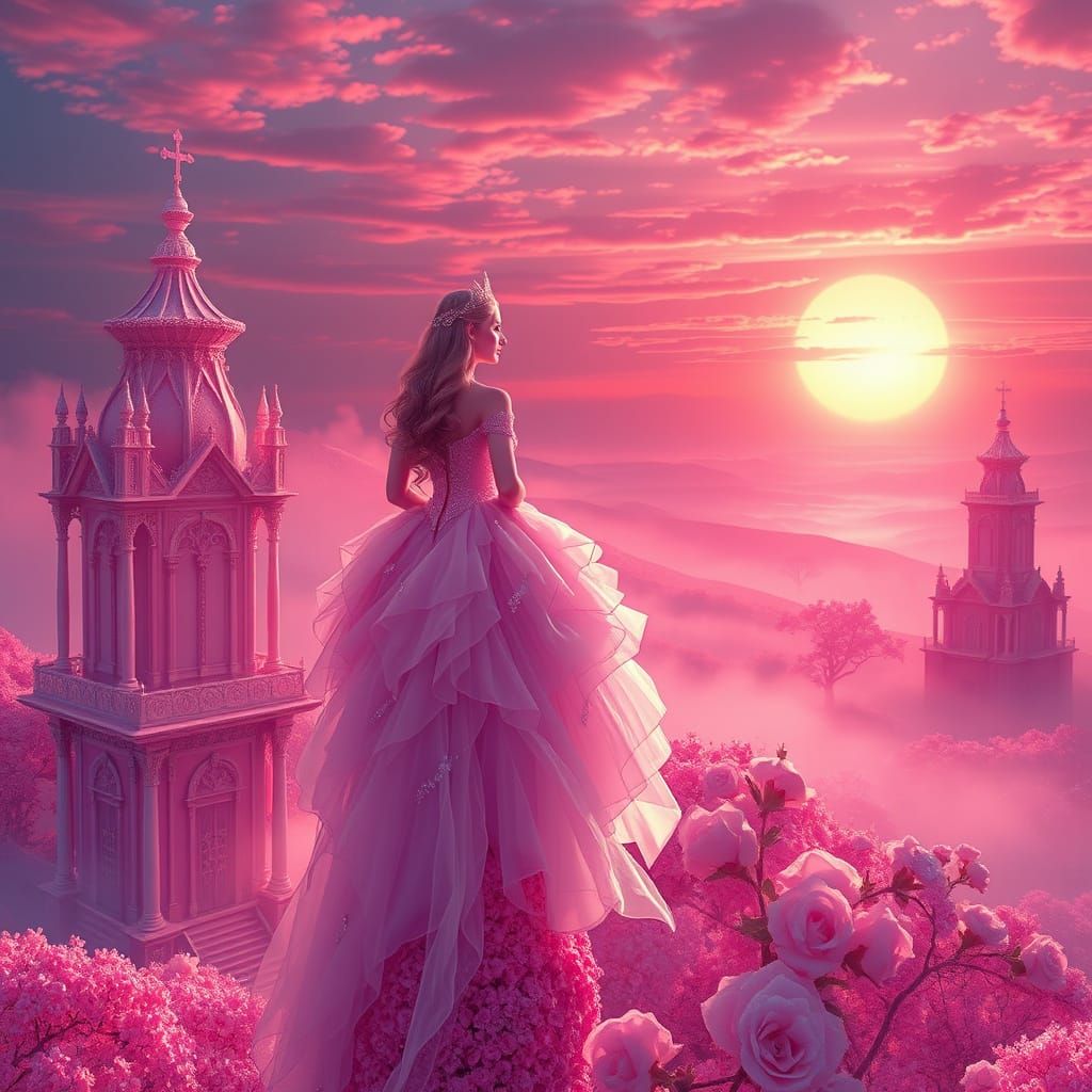 Surreal Pink Princess Amidst Whimsical Palace and Sunset