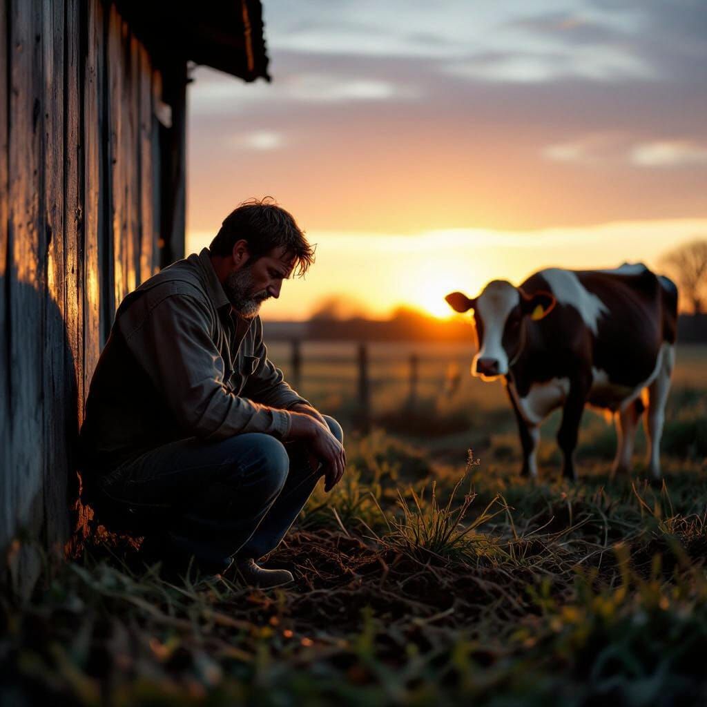 Melancholy Sunrise: Farmer Mourns Beloved Cow