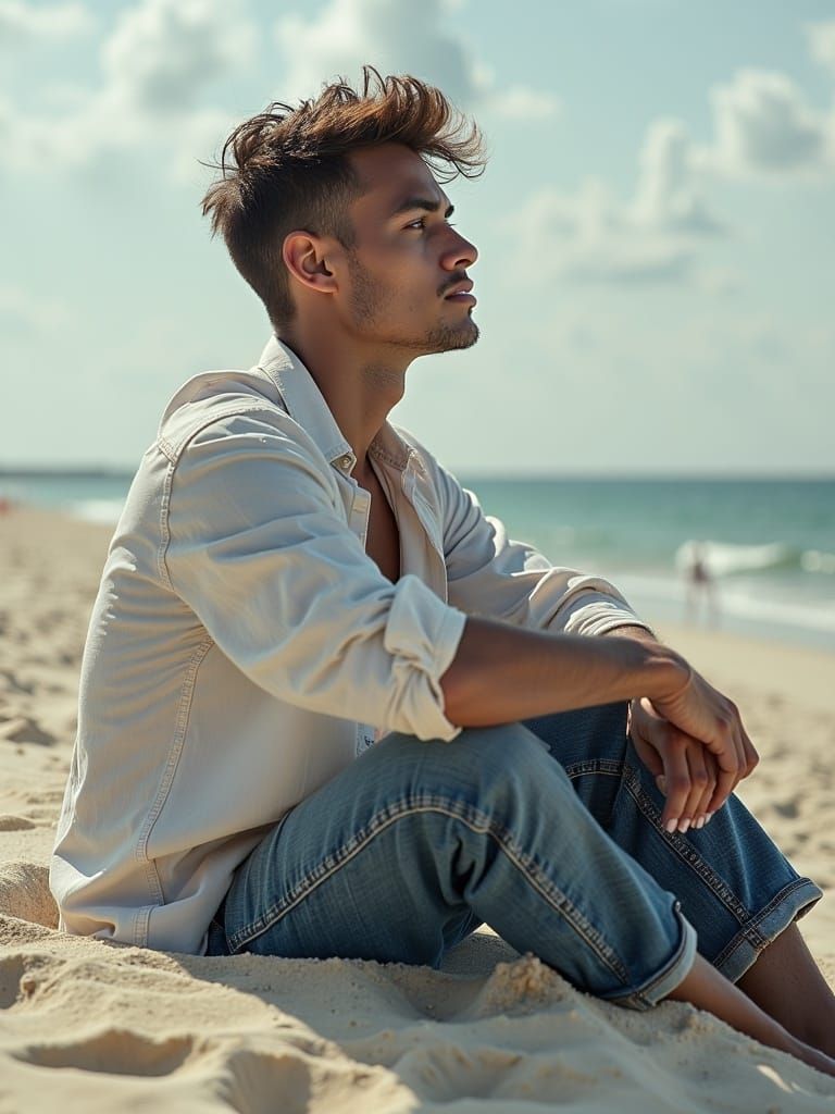 Melancholy Man on Beach at Sunset