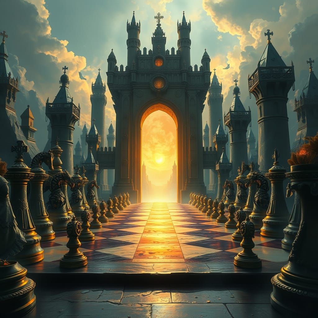 Mystical Chessboard Portal in Fantasy Art Style