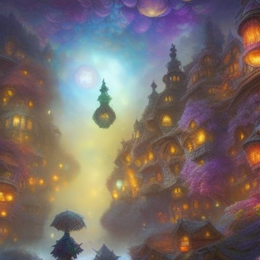Magical Fairy Cityscape with Glowing Lanterns