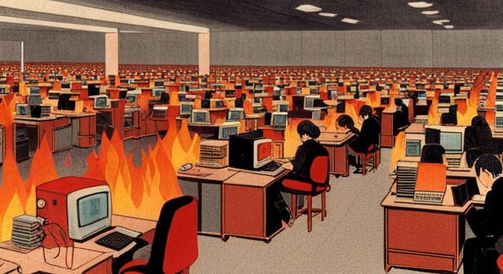 Burning 1970s Computer Hall in Magazine Style