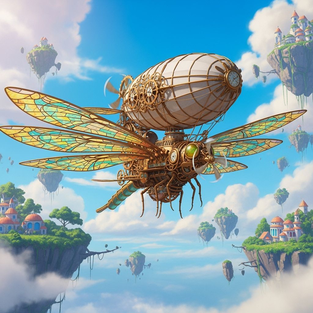 Steampunk Dragonfly Airship Soaring Through Whimsical Sky