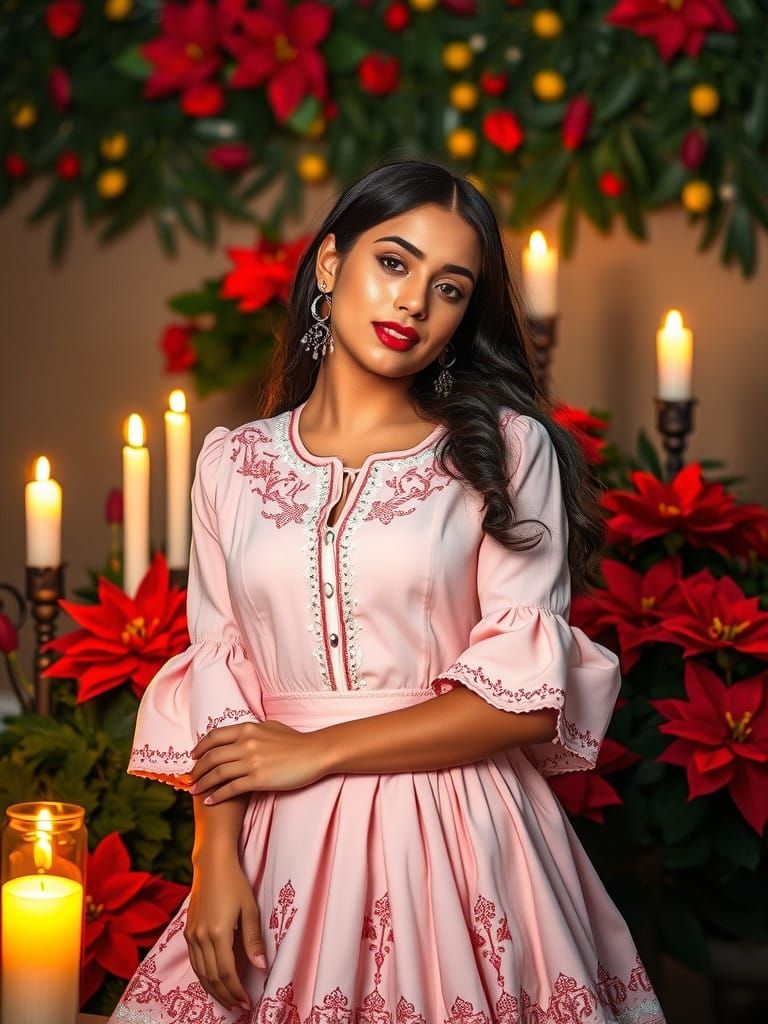 Young Mexican Woman in Vibrant Holiday Dress, Folk Art Style
