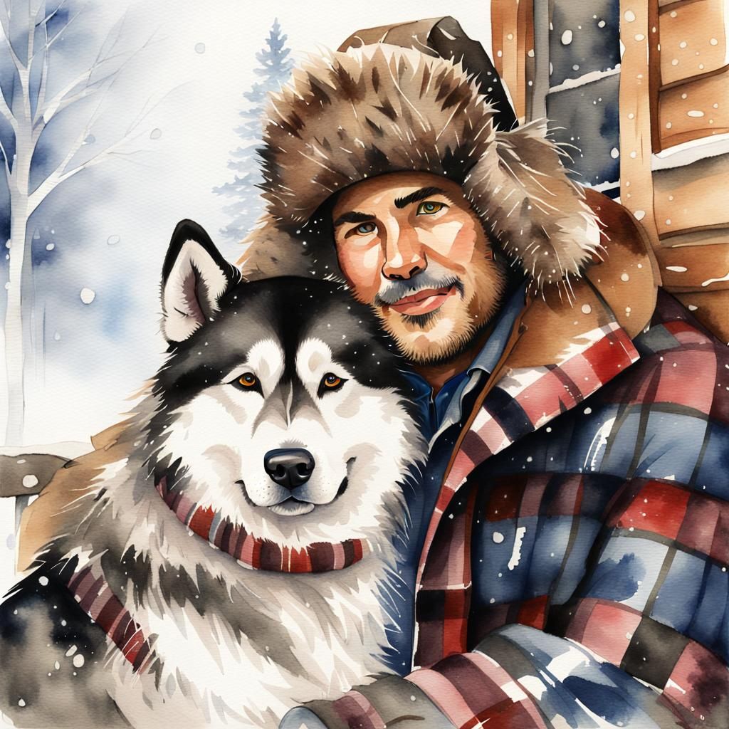 Watercolor Man and Malamute in Winter Snow