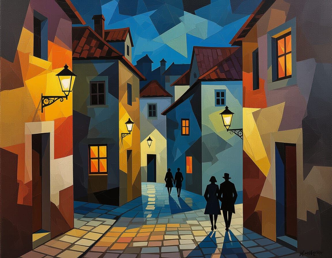 Cubist City Street at Nightfall