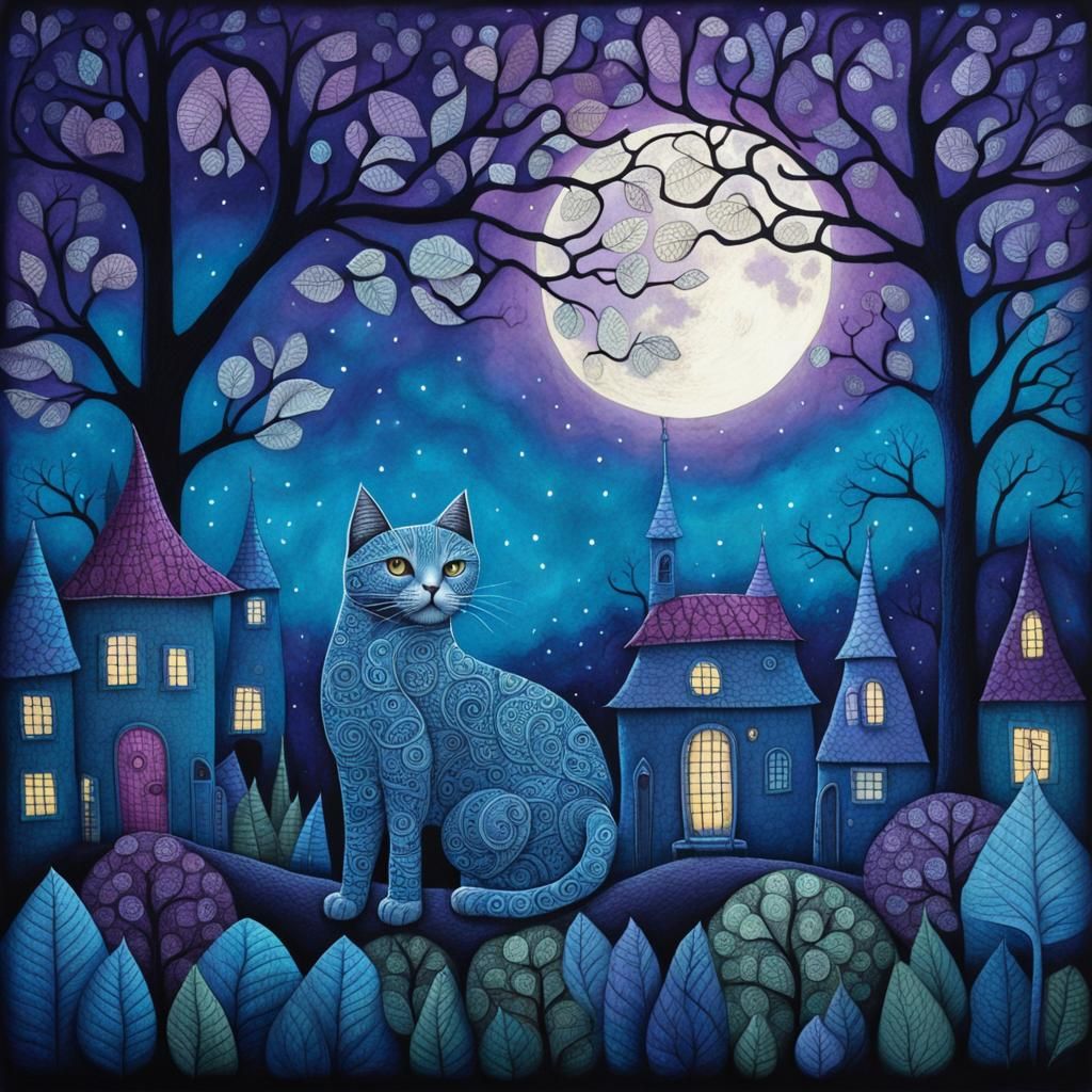 Zentangle Cat in Fantasy Village with Moon
