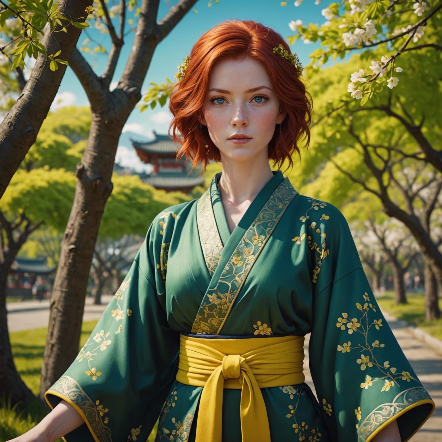 Woman in Green Kimono with Cherry Trees
