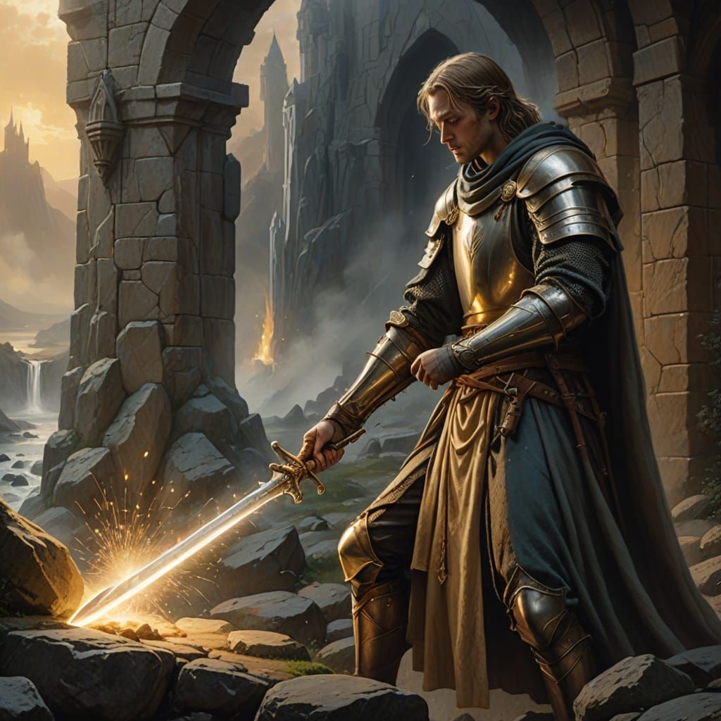 Young Page Retrieves Excalibur in Majestic Fantasy Scene