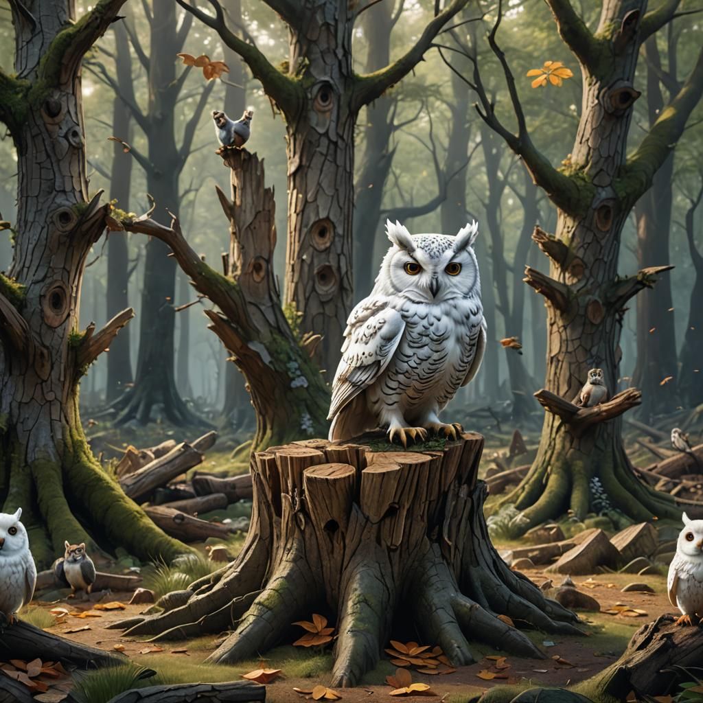 White Owl in Forest with Squirrels: Fantasy Art