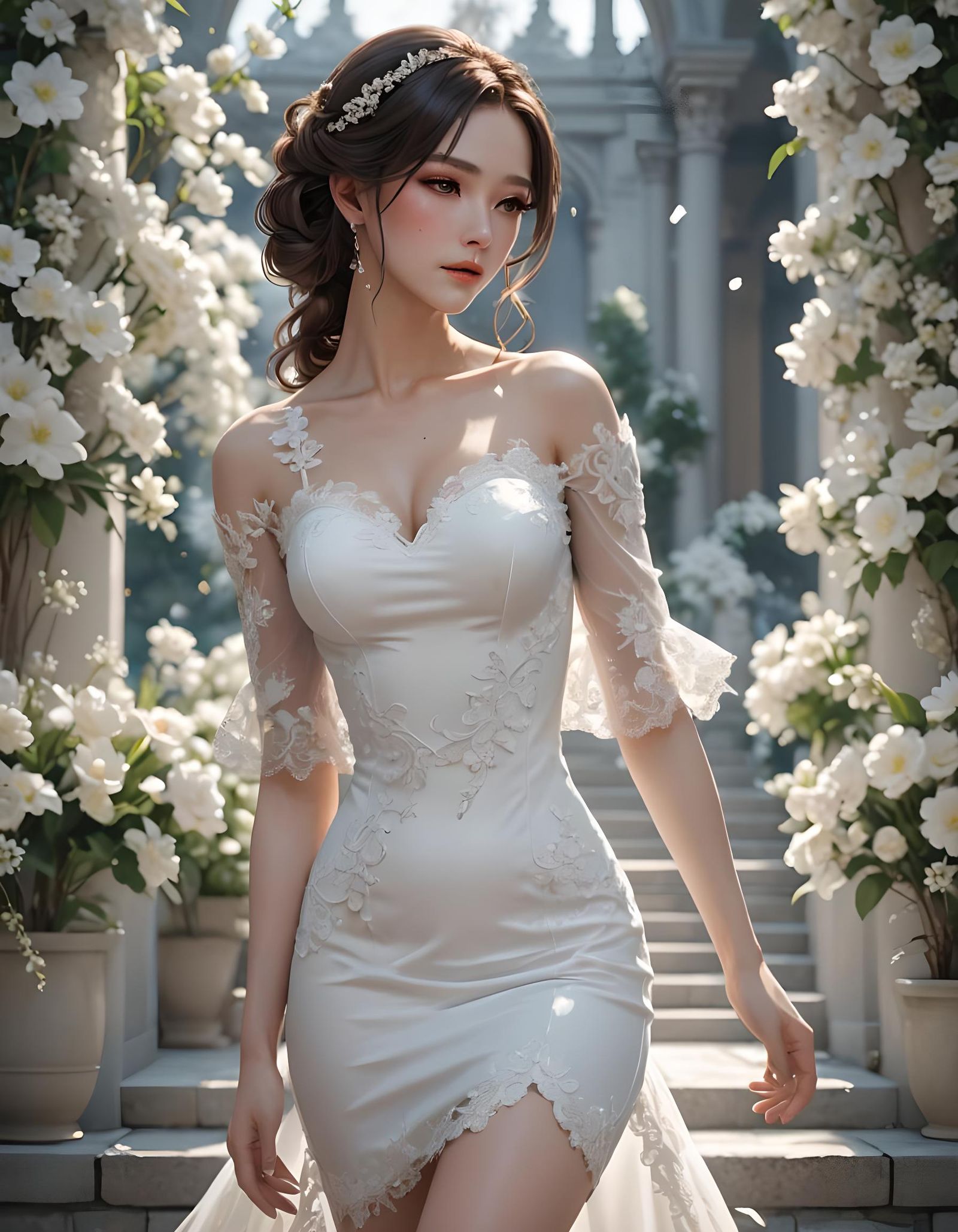 Beauty lady in tight white wedding short dress