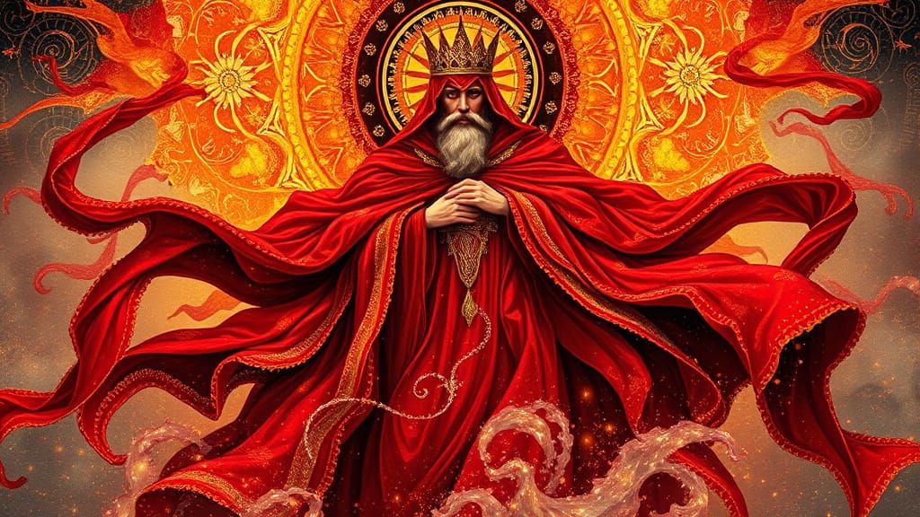 Regal Figure in Crimson, Mystical Energy, and Liquid Opal Hu...