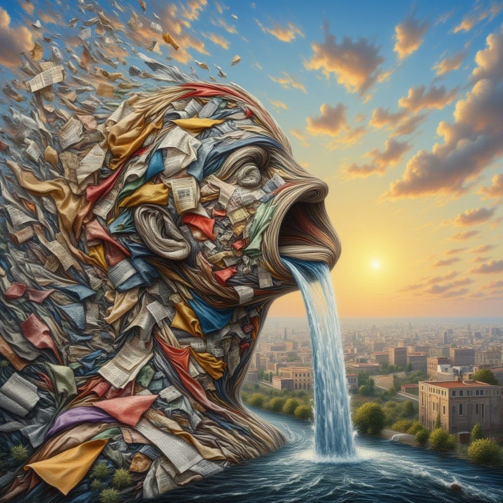 Surreal Fabric Face with Water Fountain Over Rome