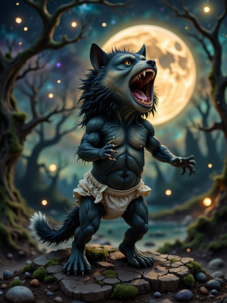Adorable Baby Werewolf Howling in Moonlit Forest