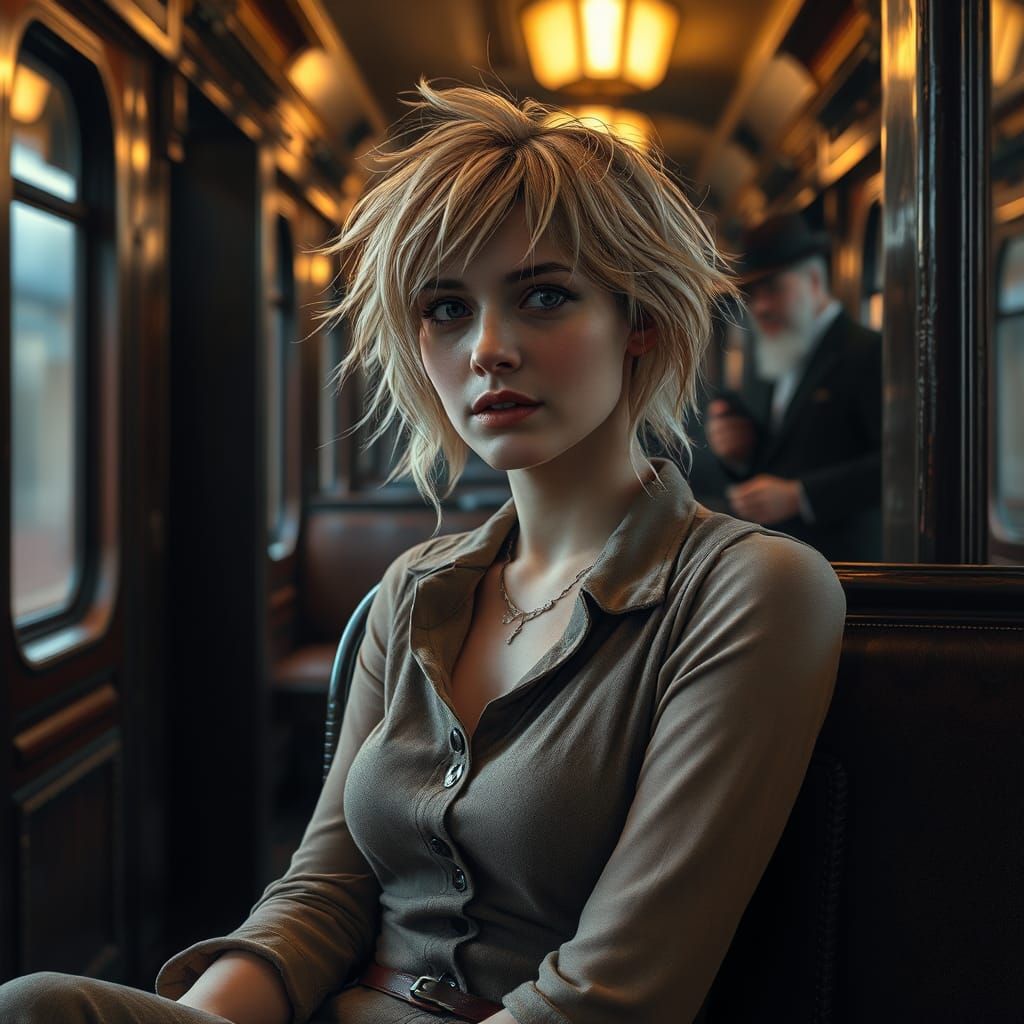 1930s Woman on Steam Train in Dark Fantasy Style