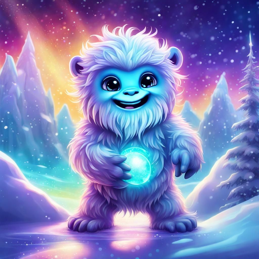 Cute Chibi Yeti Under Northern Lights