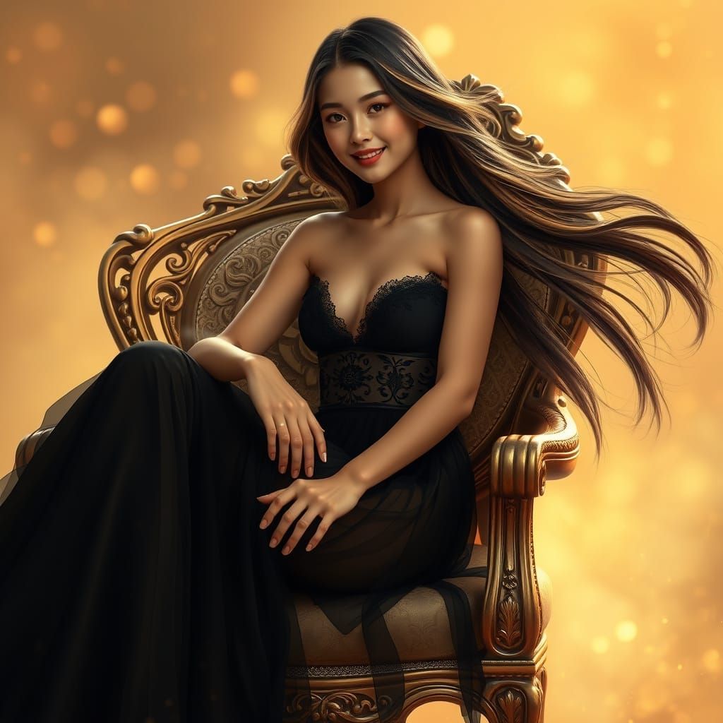 Tibetan Woman in Gilded Haze with Flowing Gown