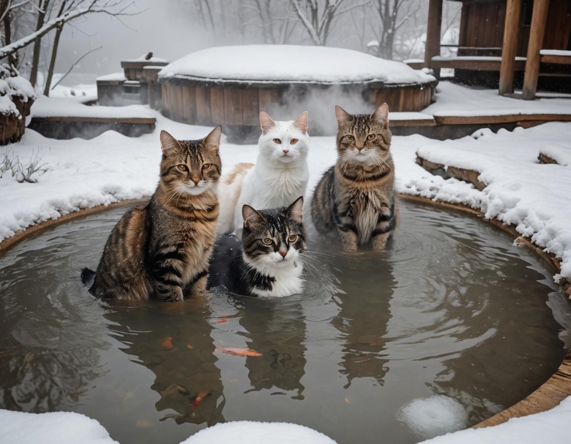 Cats Enjoying a Hot Spring in Snowy Landscape