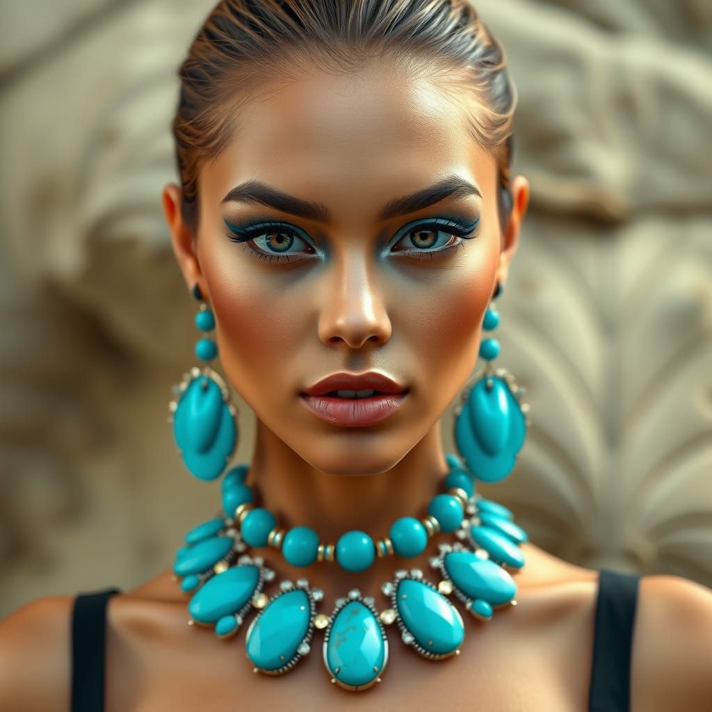 Stunning Woman with Turquoise Jewelry in 8K