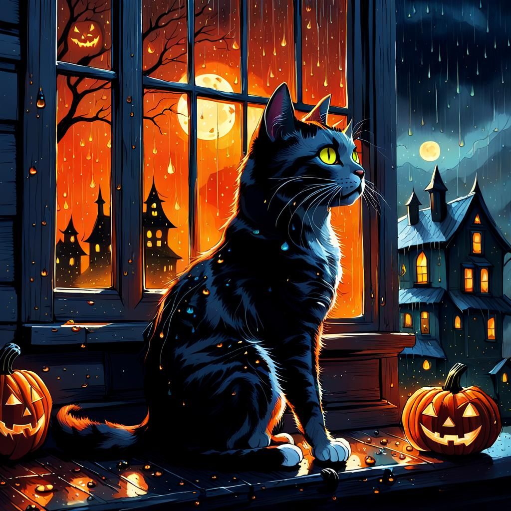 Spooky Cat on Rainy Halloween Night: Dark Whimsy