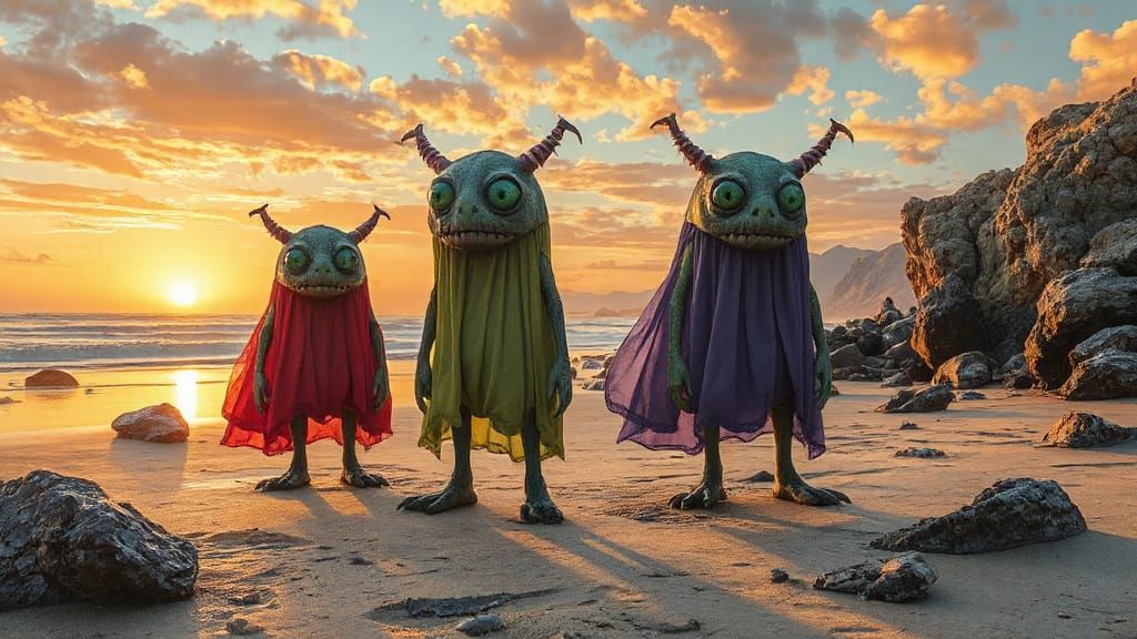 Whimsical Beach Monsters with Melancholy, Dreamy Art Style