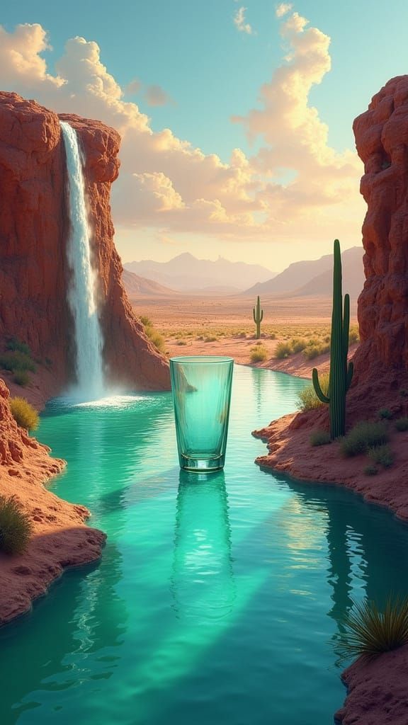 Dual Rivers Flow to Turquoise Pool in Desert Landscape