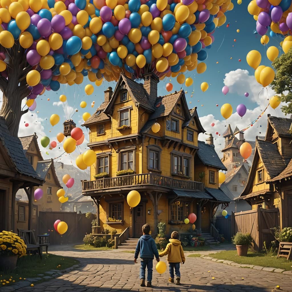 House with Balloons Floating in Air: Fantasy Art